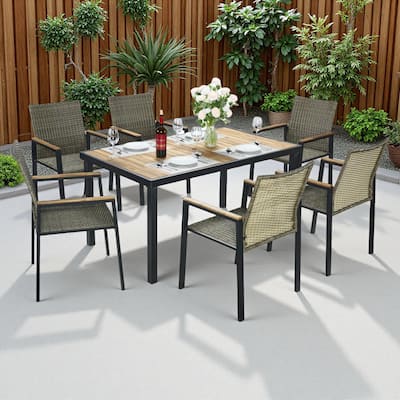 7-Piece Outdoor Patio Rattan Dining Set with Stackable Chairs, 59" Acacia Wood Table Top with Umbrella Hole