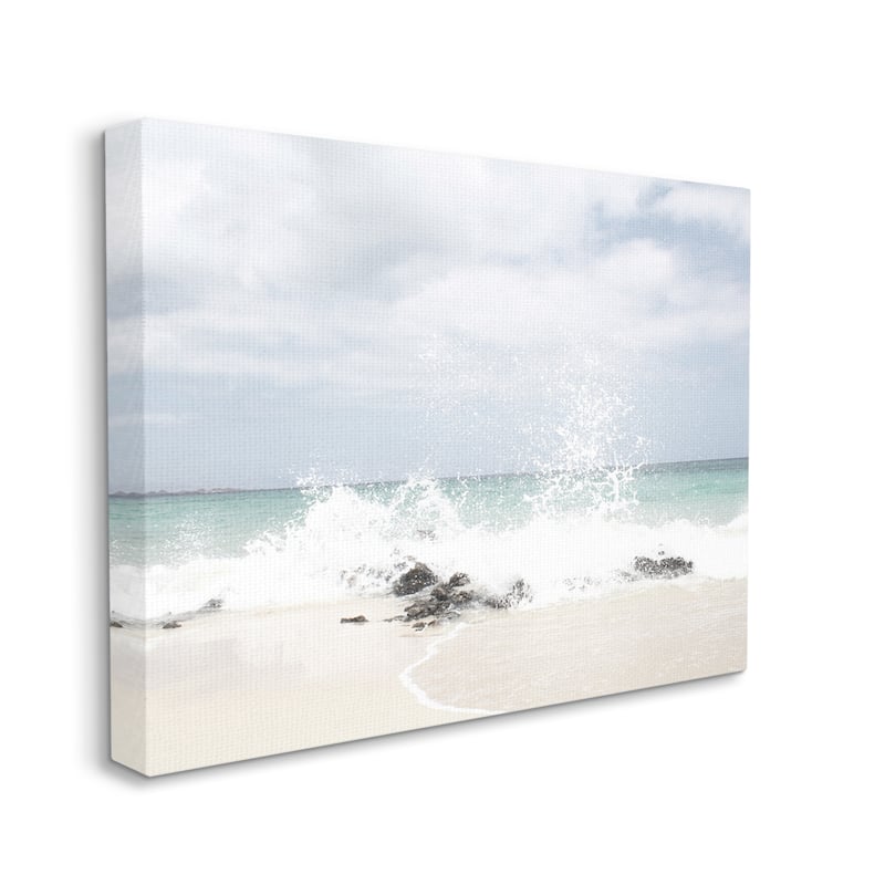 Stupell Tropical Sea Coast Wave Splash Rocky Sand Beach Canvas Wall Art - Blue