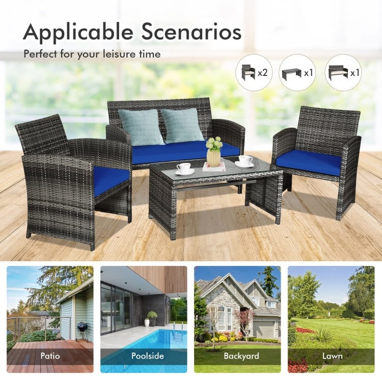 4 Pieces Patio Rattan Furniture Set with Glass Table and Loveseat - 43.5" x 25"x 31" (L x W x H)