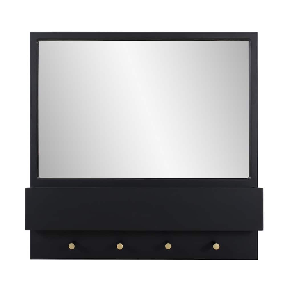 Allan Andrews Matte Black Wall Mirror with Storage Shelf & Garment Hooks - 24"H x 24"W