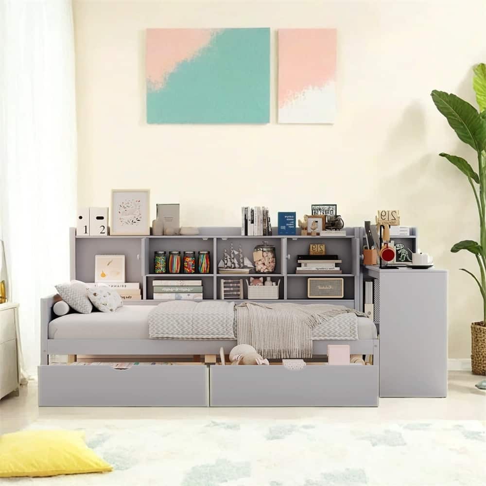 Full Size Daybed w/Storage 3 Cabinets & 2 Drawers,L-Shape Daybed Frame