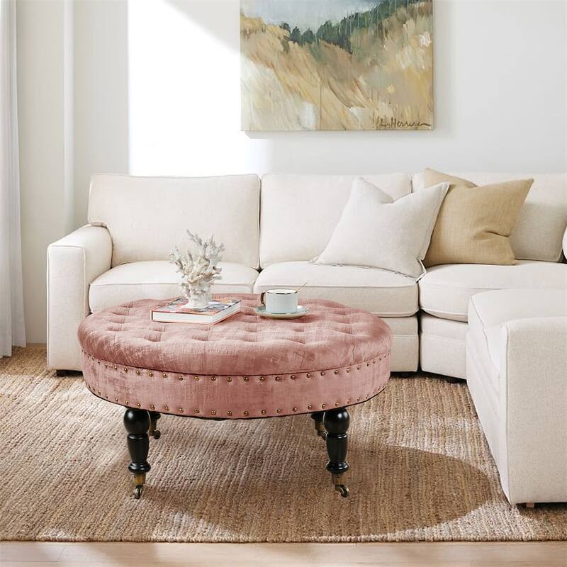 Round Velvet Tufted Coffee Table Ottoman, 34" x 34" x 17" H