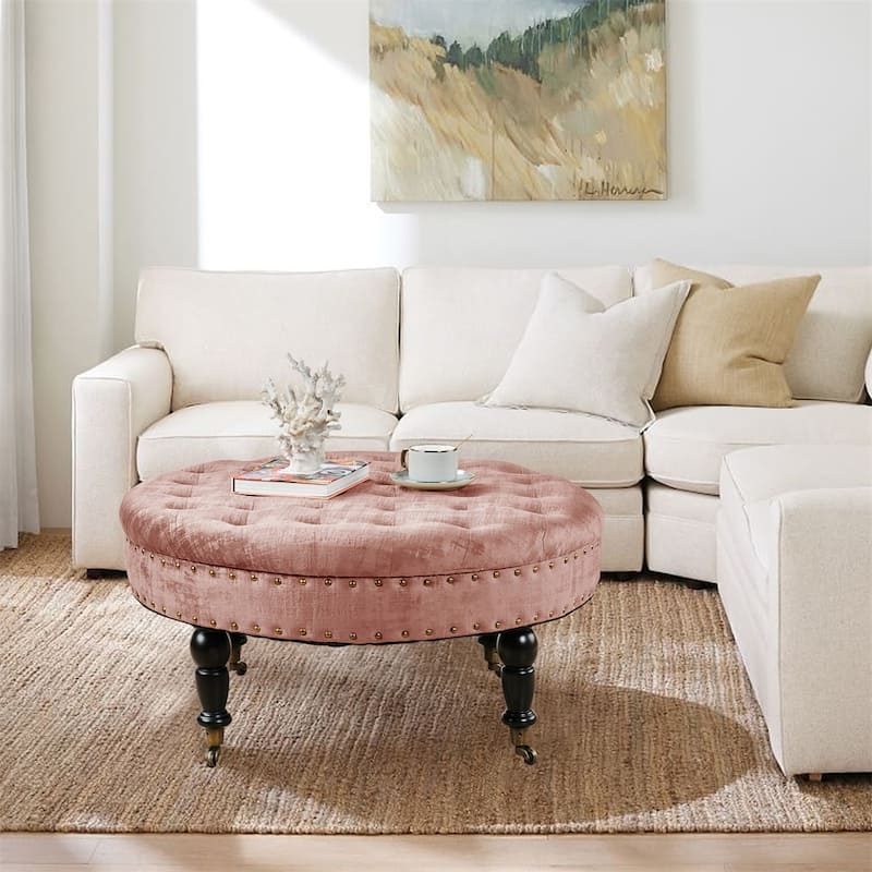 Round Velvet Tufted Coffee Table Ottoman, 34" x 34" x 17" H