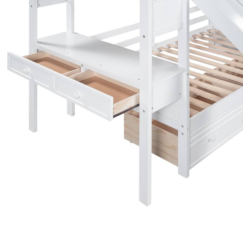 Twin Over Twin Bunk Bed with Storage Staircase, Slide, Drawers, and Desk