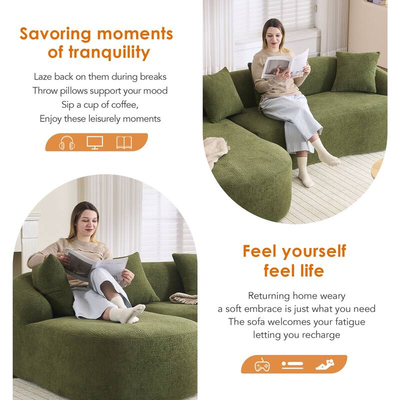 L-Shaped Sectional Sofa with Curved Chaise, Chenille Boneless Cloud Sofa, Modular 4-Seater Sofa with 4 Throw Pillows