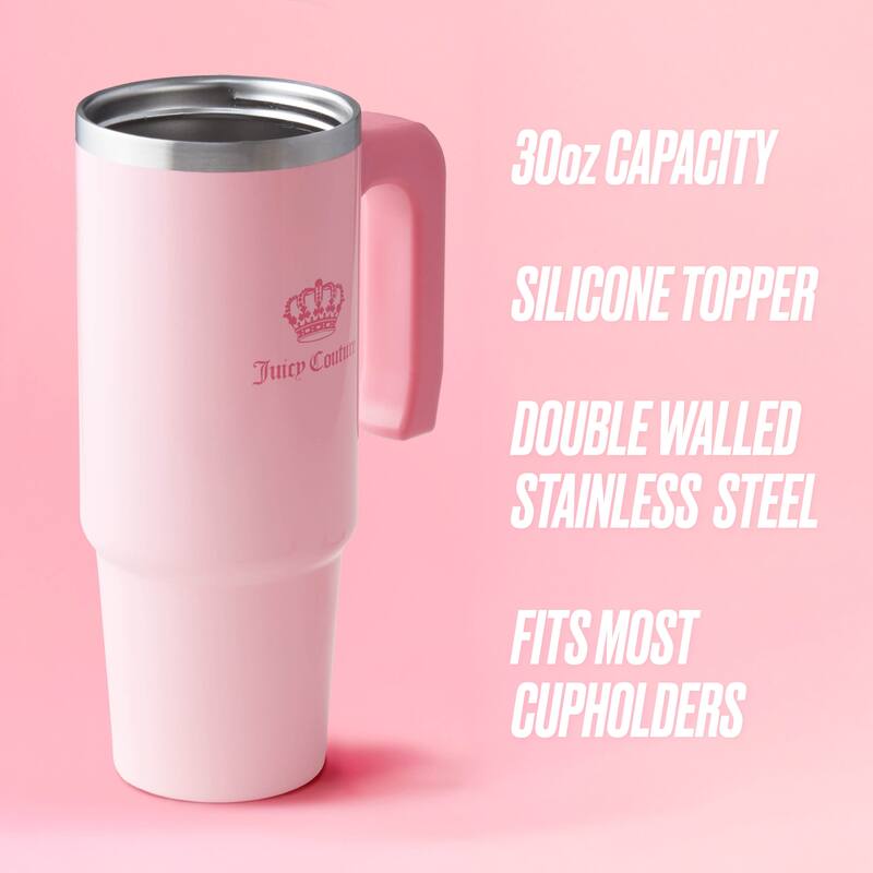 Juicy Couture Jetsetter Hydration Stainless Steel Tumbler with Handle, Straw & Topper with Neoprene Crossbody Pouch