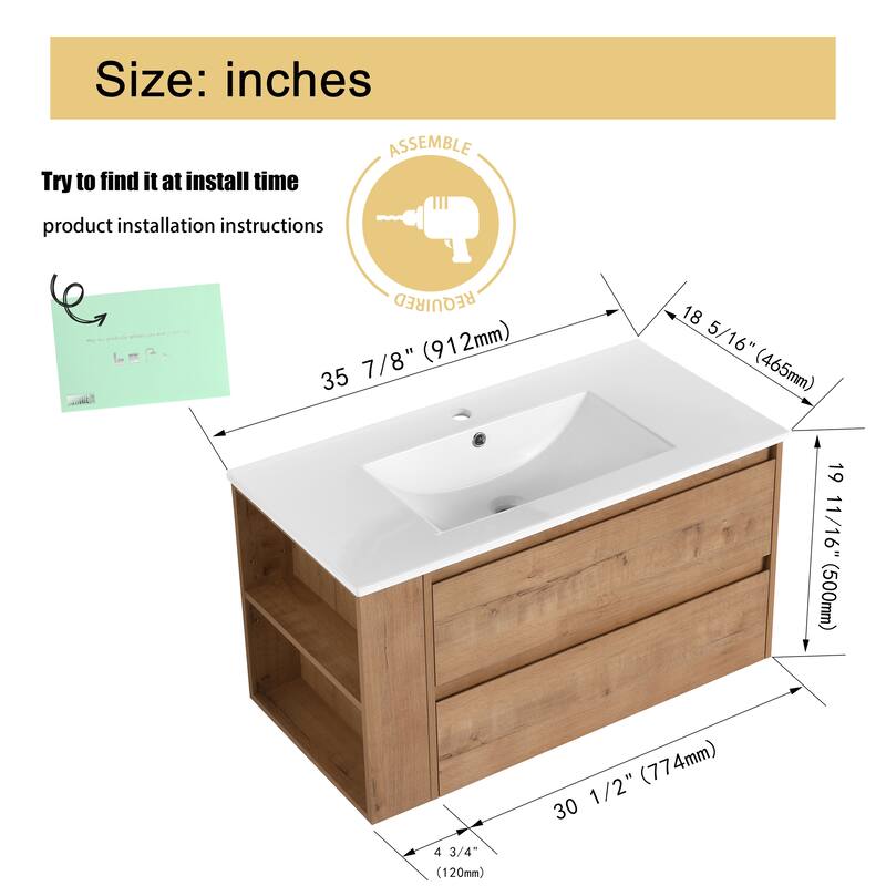 Malwee 30"/36" Floating Bathroom Vanity, Wall Mounted Bathroom Vanity with Sink,Soft Close Drawers and Side Adjustable Shelf