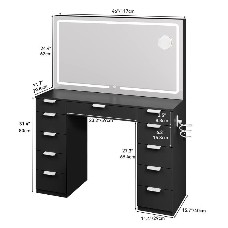 Moasis Makeup Vanity Table Set with Large LED Lighted Mirror and 11 Drawers - 46"L*11.7"W*55.9"H