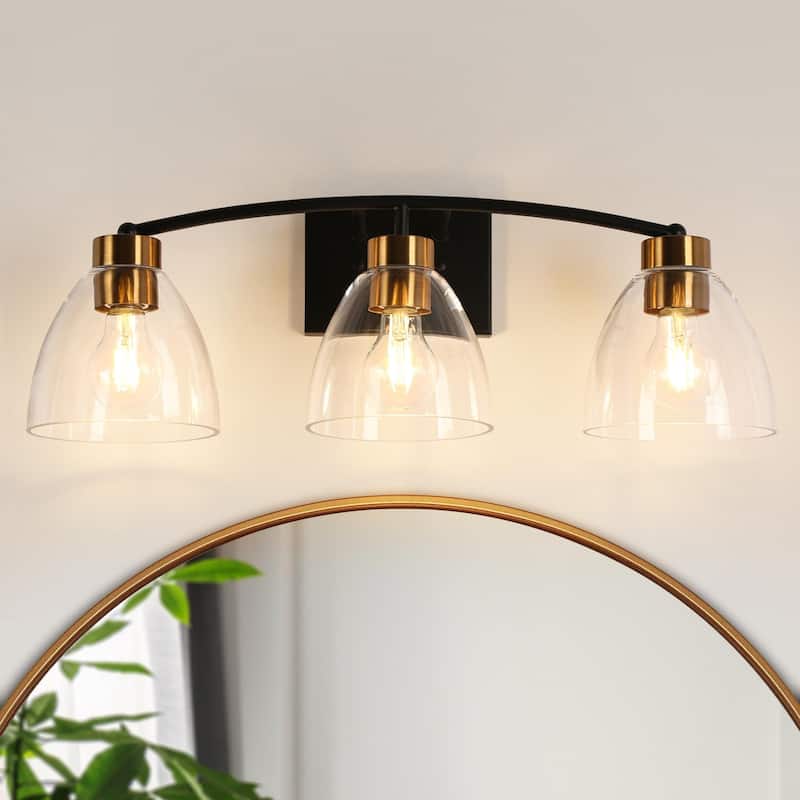 Modern Farmhouse 3-Light Bathroom Vanity Lights Black Gold Wall Sconces - D 22.8" x H 8.6"