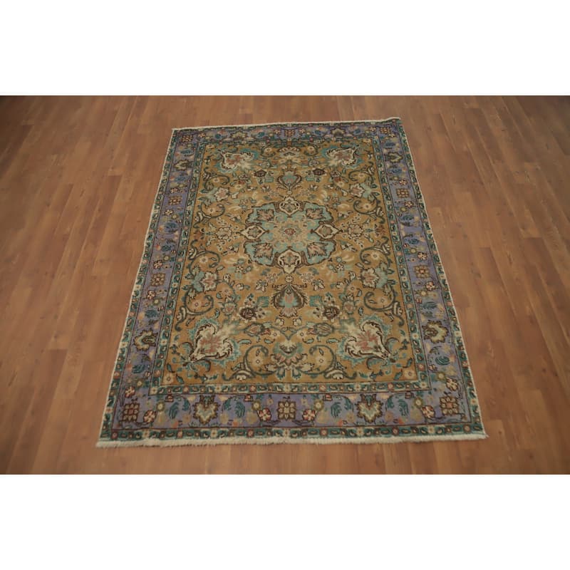 Hand Knotted Oriental 100% Wool Carpet Traditional Floral Brown Tabriz Area Rug - 5' 8'' X 4' 3''