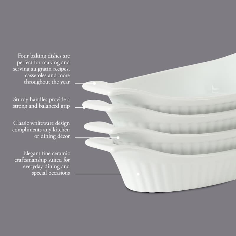 Gibson Home Gracious Dining Oval Au Gratin Baking Dishes, 4-Piece Set - 9oz or 15oz Oven Safe Ceramic with Handles - white