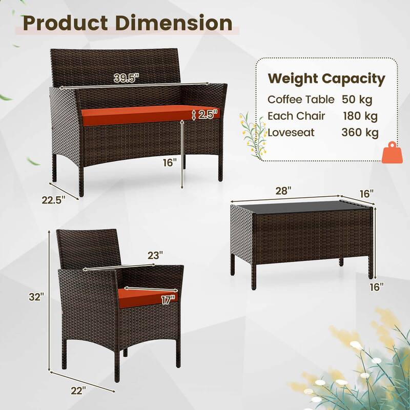 Costway 4 PCS Patio Furniture Set with Washable Cushions and Tempered - See Details