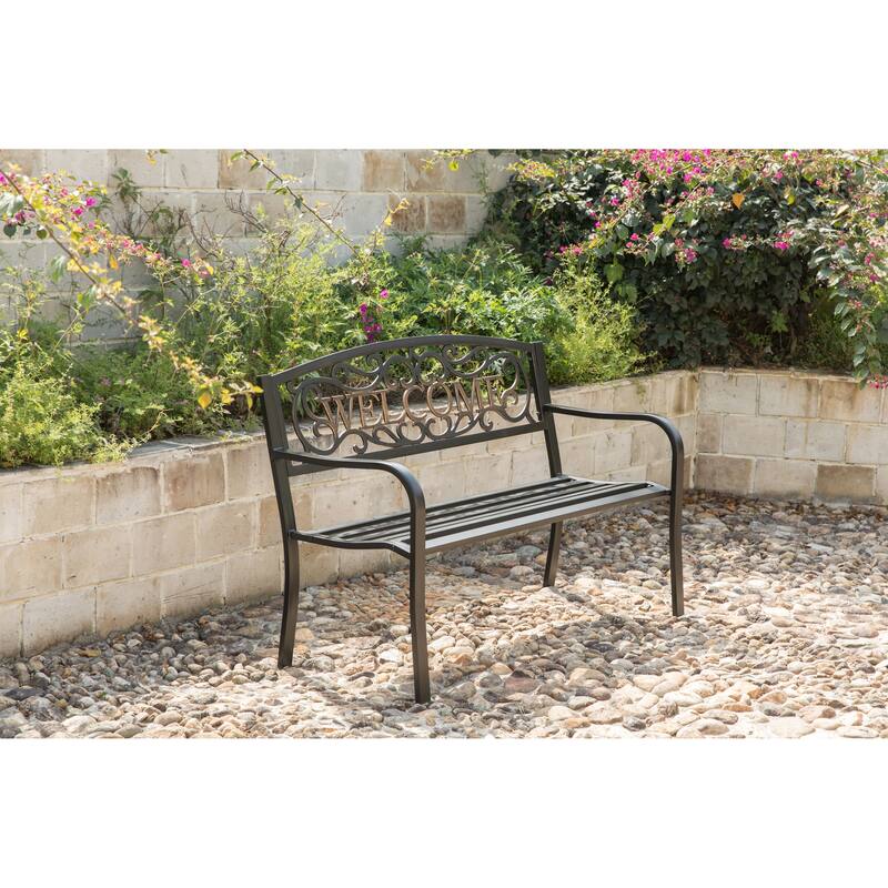 Steel Outdoor Patio Garden Park Seating Bench with Cast Iron "Welcome" Backrest, Front Porch Yard Bench Lawn Decor