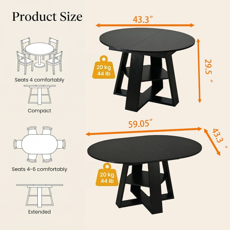 43"-59" Extendable Oval Dining Table with Storage Base, Modern Round to Oval Kitchen Table