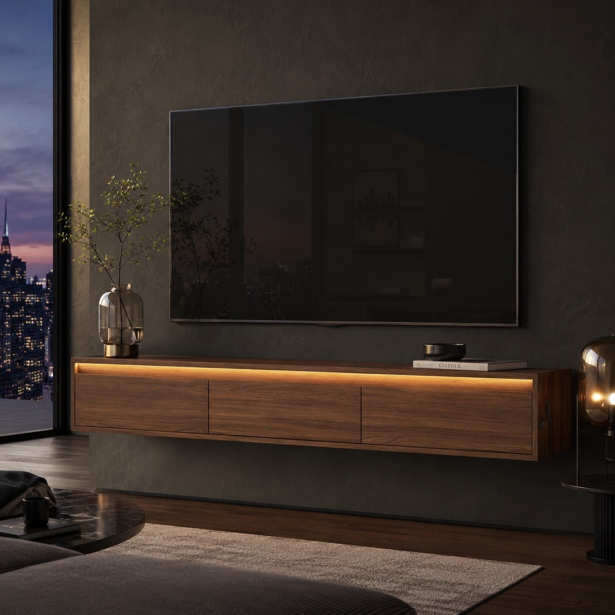 Floating TV Stand Wall Mounted with LED Lights, High Gloss TV Cabinet with Storage Shelves and Cable Management