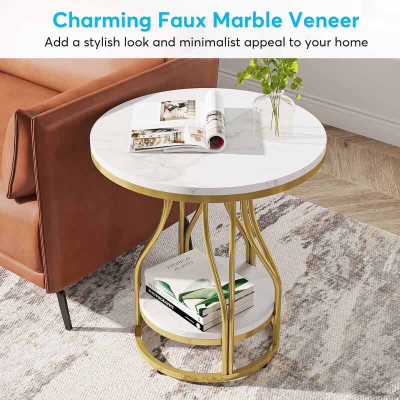 Round End Table, 2-Tier Side Tables, Modern Bedside Table, Small Chirside Tables for Couch Side