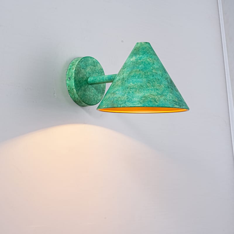 8.3 in. W Rustic Farmhouse Distressed Green Metal Cone Wall Sconce with Gold Interior Accent - Distressed Green - 8.27 in. W x 5.91 in. H x 11.02 in. D