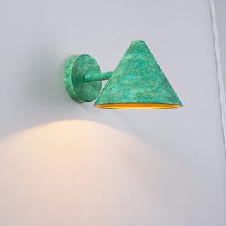 8.3 in. W Rustic Farmhouse Distressed Green Metal Cone Wall Sconce with Gold Interior Accent