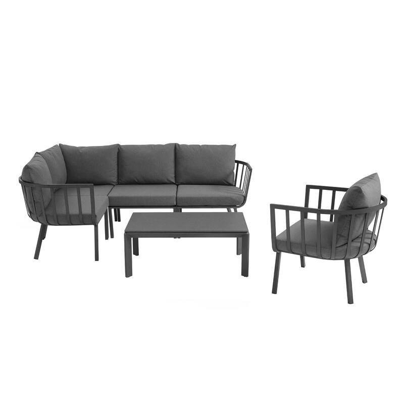 Riverside 4 Piece Outdoor Patio Aluminum Sectional Set with Armchair and Table
