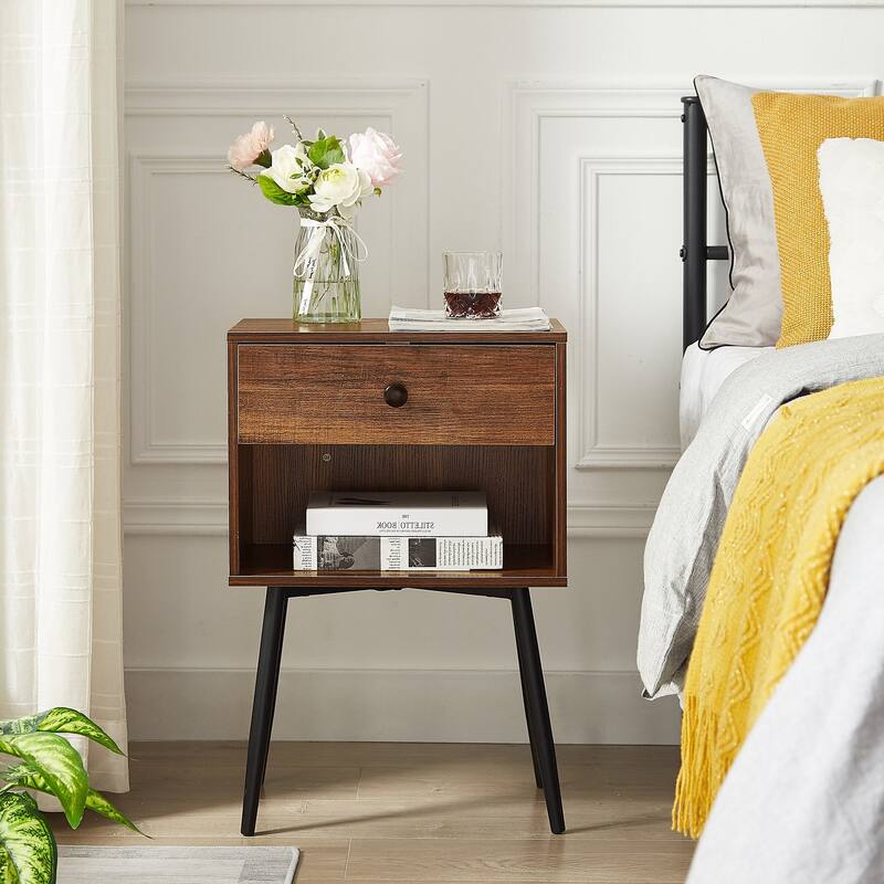 VECELO, (Set of 2) Modern 1-Drawer Brown/Grey Nightstand with Storage Shelf