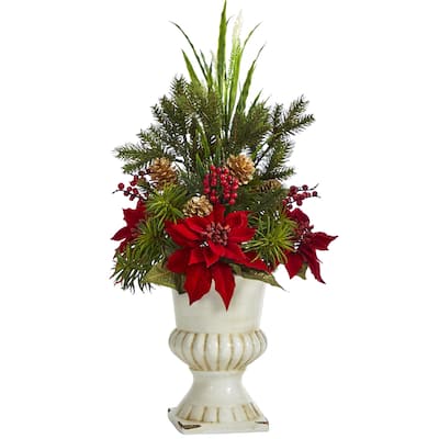 28" Poinsettia, Grass and Succulent Arrangement in White Urn