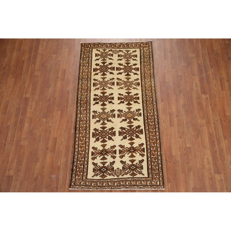 Hand Knotted Oriental 100% Wool Carpet Traditional Geometric Beige & Ivories Balouch Runner Rug - 6' 8'' X 3' 4''