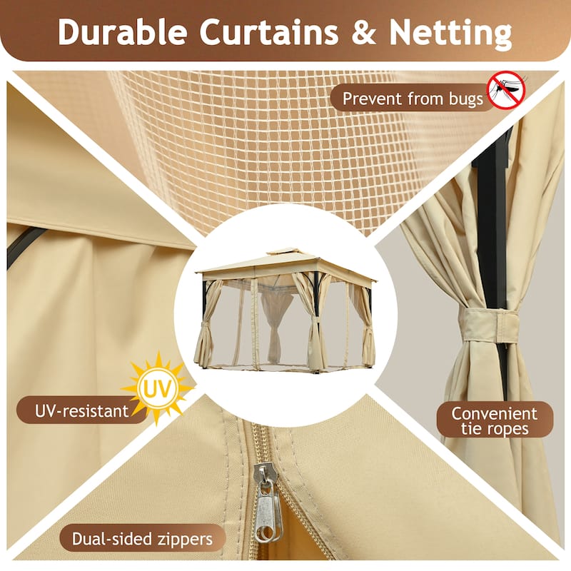 Roomfitters 10x10 FT Outdoor Gazebo with Double Roofs, Canopy, Mosquito Netting & Privacy Screens for Shade or Rain