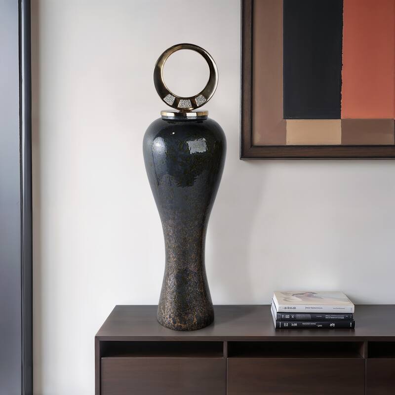 Glass Vase with Modern Sculptural Metal Brass Accent and Stone Detail - 10" x 10" x 34"