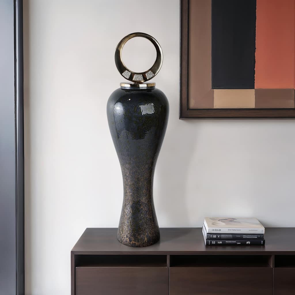 Glass Vase with Modern Sculptural Metal Brass Accent and Stone Detail