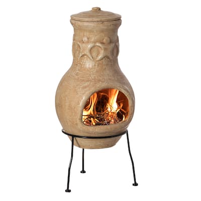 Indoor and Outdoor Beige Clay Chimenea Maya Design Fire Pit with Metal Stand