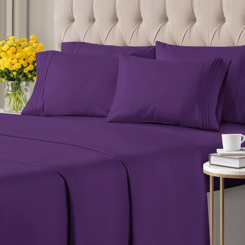 CGK Linens 6 Piece Solid Deep Pockets Microfiber, Easy-Fit Bed Sheet Set - California King - Purple