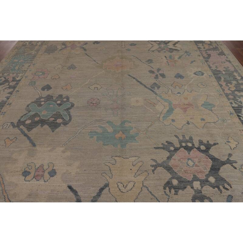 Beige Oushak Turkish Rug Hand-Knotted Oriental Wool Carpet - 8'11"x 11'11"