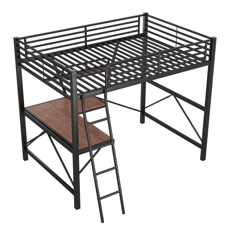 Roomfitters Twin/Full Loft Bed with Metal Frame, MDF Desk and Integrated Shelf for Study Space