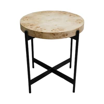 Brown Burl Wood Round End Table with Black Metal Geometric Base - 20” x 20” x 22” (D x W x H)
