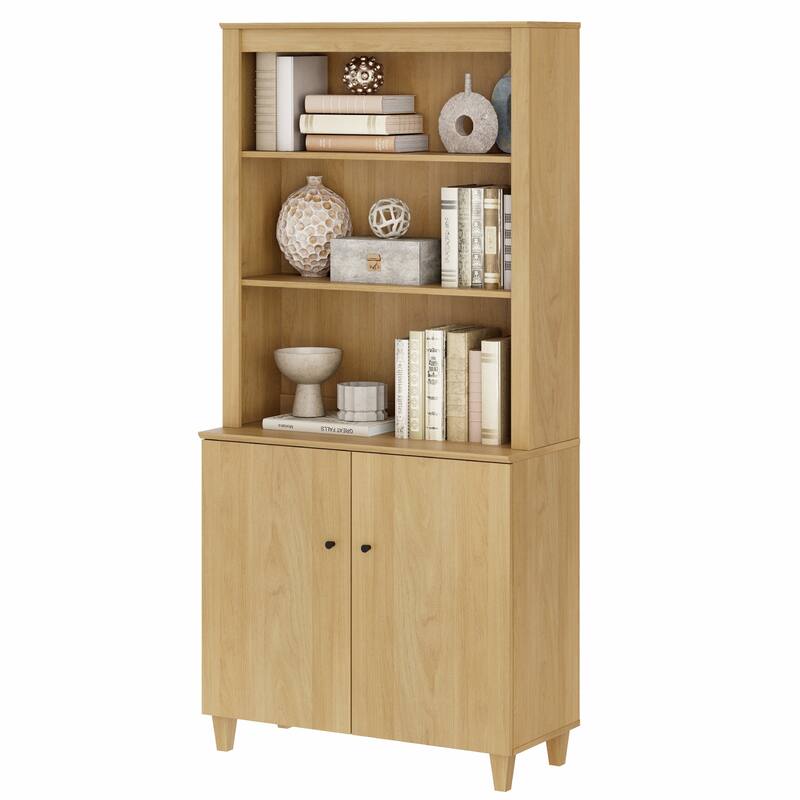 Modern 71" Tall Bookcase with Shelves & Storage Cabinet for Home Office - 5-Tier - Oak Wood