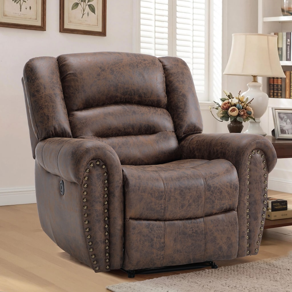40.5" W Vegan PU Leather Manual Power Recliner with Nailhead Trim and USB Port