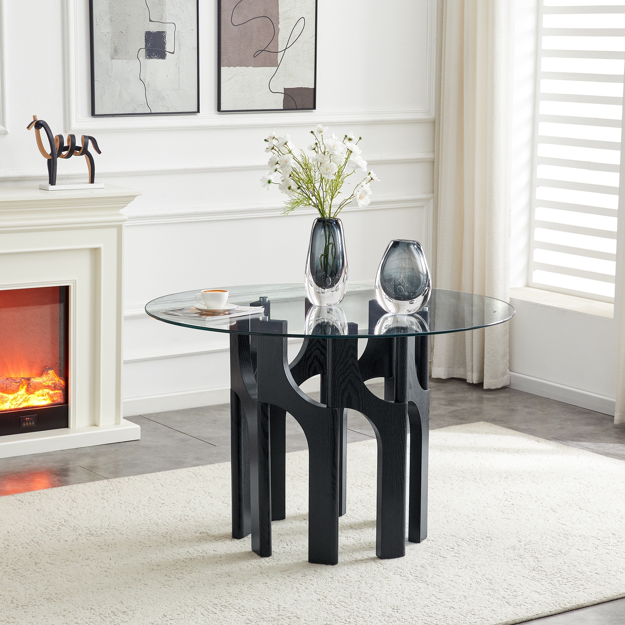 Round Tempered Glass Dining Table, Mdf Sculptural Geometric Base, Compact 2-4 Person Kitchen Table