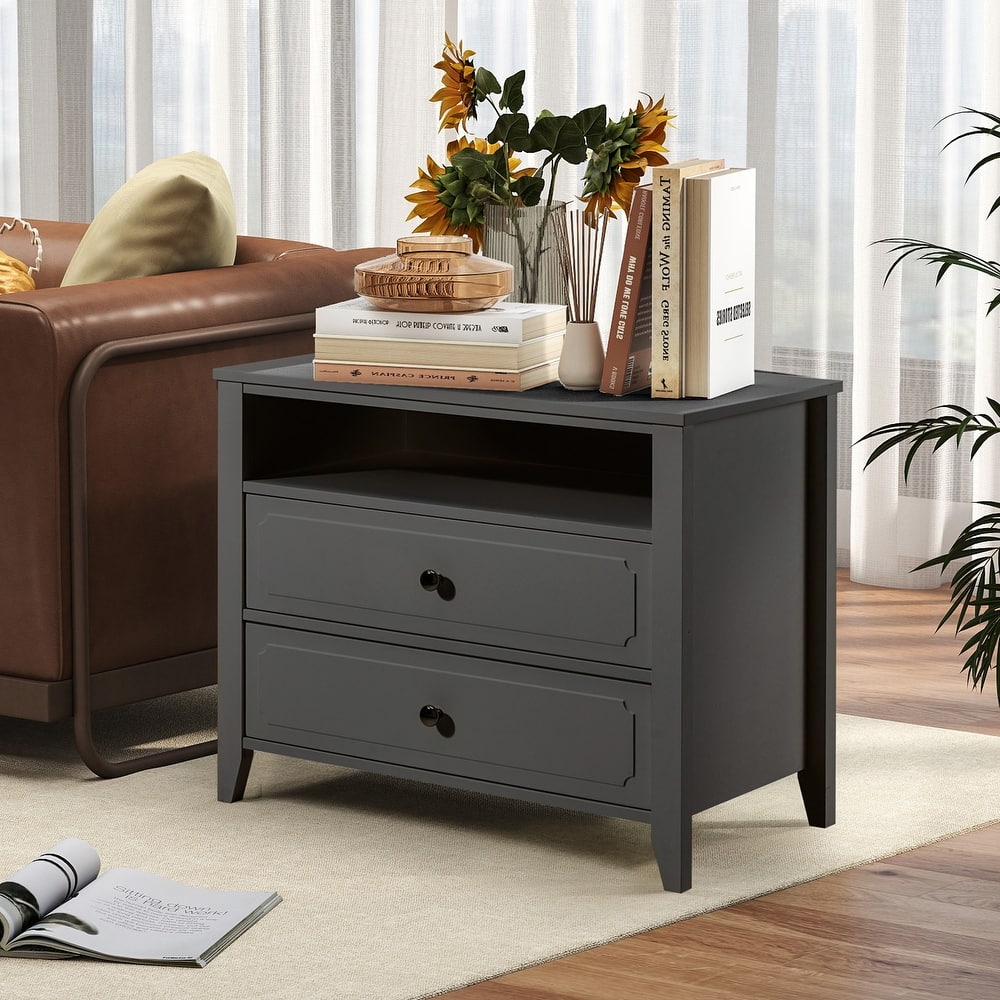 EROMMY Modern Wide Nightstand with 2 Drawers and Open Storage, Bedroom Bedside Table with Solid Wood Legs, Nightstand.