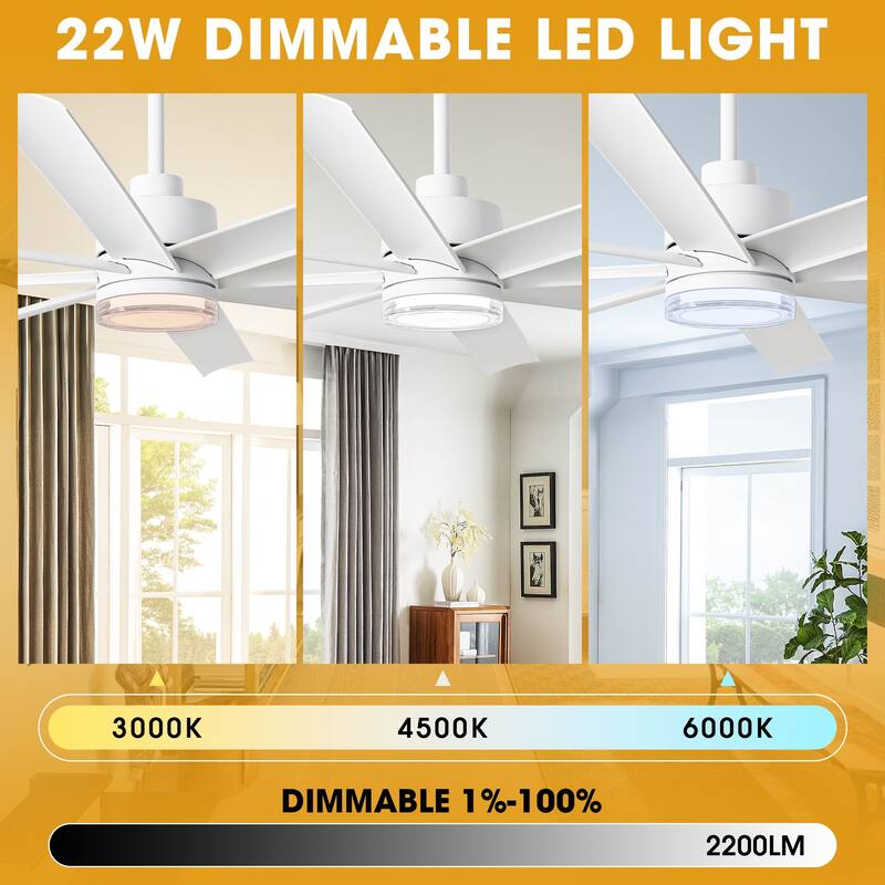 72" Modern White Large Smart Ceiling Fan with Light and Remote, App Control, Voice Control