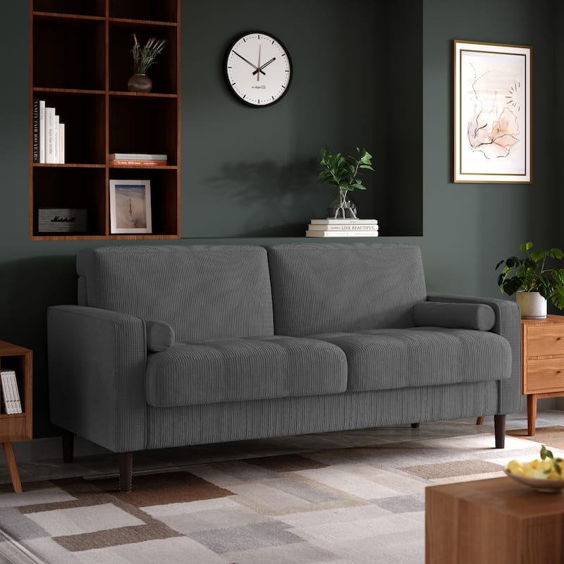 Modern Corduroy Upholstered 2 Seater Sofa with Bolster Pillows - Grey