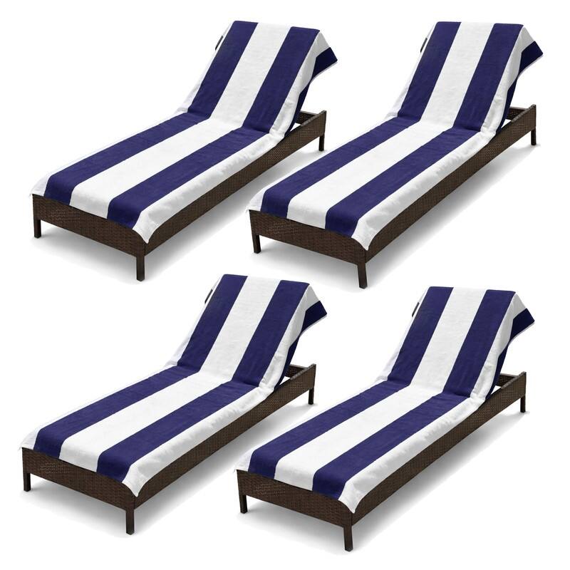 100% Cotton Cabana‑Stripe Lounge Chair Cover Terry Towel with Fitted Pocket & Back Flap Set of 4