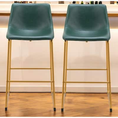 Set of Two 29" Green And Gold Faux Leather And Steel Bar Height Bar Chairs