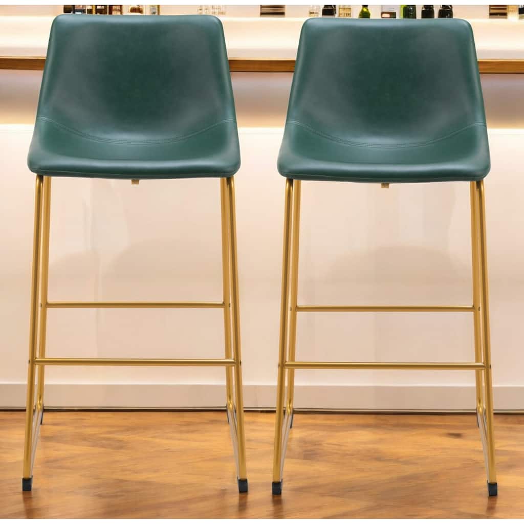 Set of Two 29" Green And Gold Faux Leather And Steel Bar Height Bar Chairs