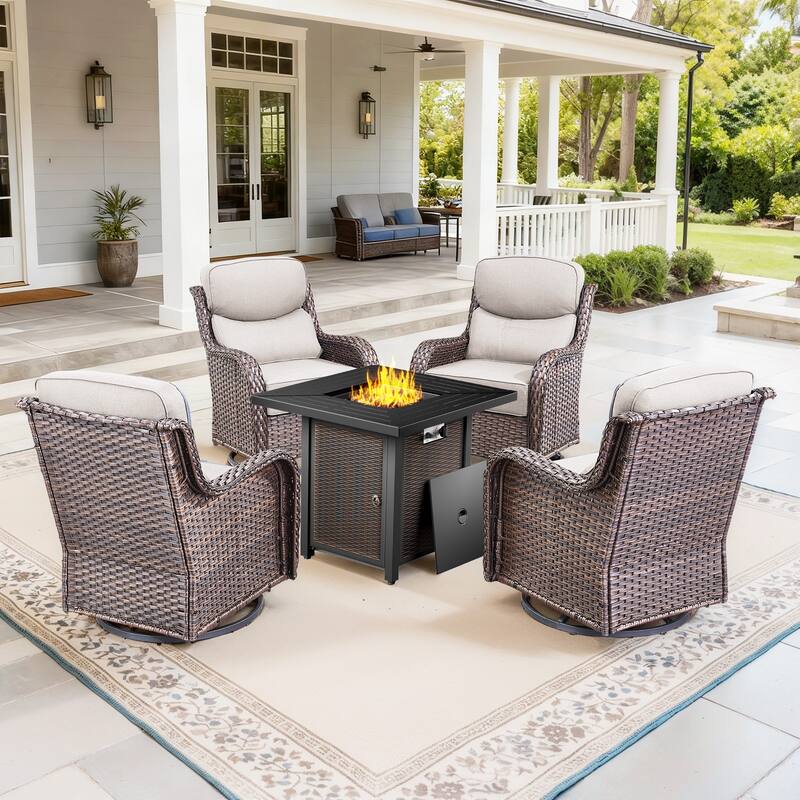 Pocassy 30 Inch Fire Pit Table with Sofa Swivel Chair Set - Beige Cushion Brown Wicker - 5-Piece Fire Pit Table w/ Swivel Chair Set