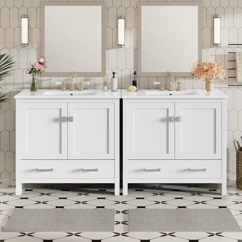 72" Double Sink Bathroom Vanity - Modern Wide Cabinet with Ceramic Basins, Soft-Close Doors & Divided Storage - White