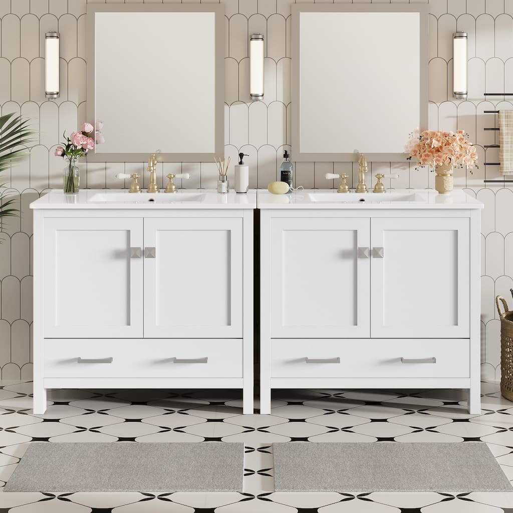 72"Bathroom Vanity with Ceramic Sink, Soft-Close Doors, Double Storage Shelves & Divided Drawer -with Ample Storage