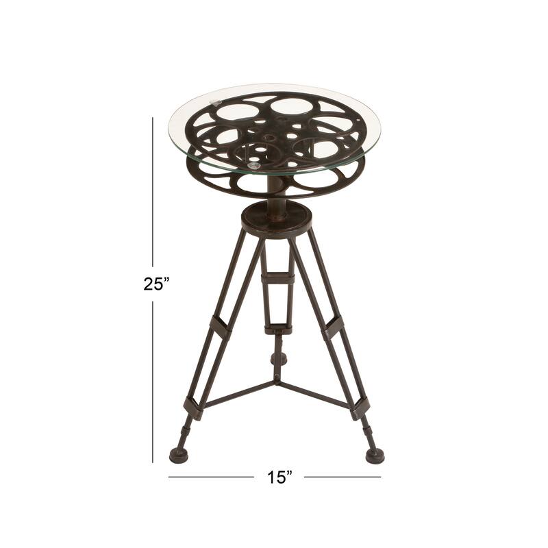 Black Metal Film Reel Accent Table with Tripod Legs and Glass Top