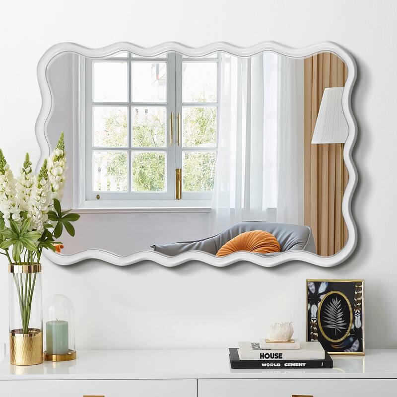 Roomfitters 40" x 28" Solid Wood Wavy Rectangle Mirror, Modern Wall Decor for Bathroom & Entryway, White