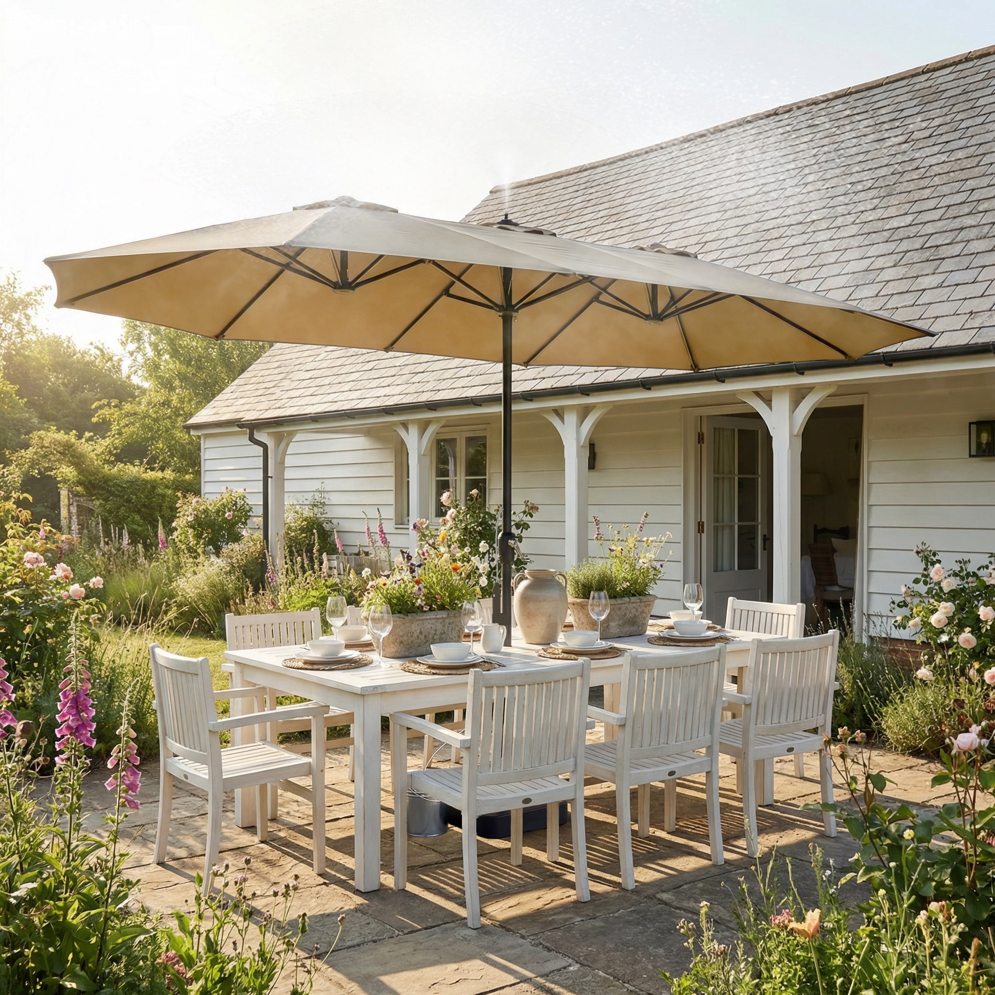 double level patio umbrella SUPERJARE 15ft Large with Base included, Sided Outdoor Umbrella with Solar Lights, Pool Umbrella with Fade Resistant Canopy for Deck, Porch, Yard, Balcony, Beige : Patio, Lawn ADJUSTABLE TILT AND 360 HORIZONTALLY Double Patio Umbrella | 15ft