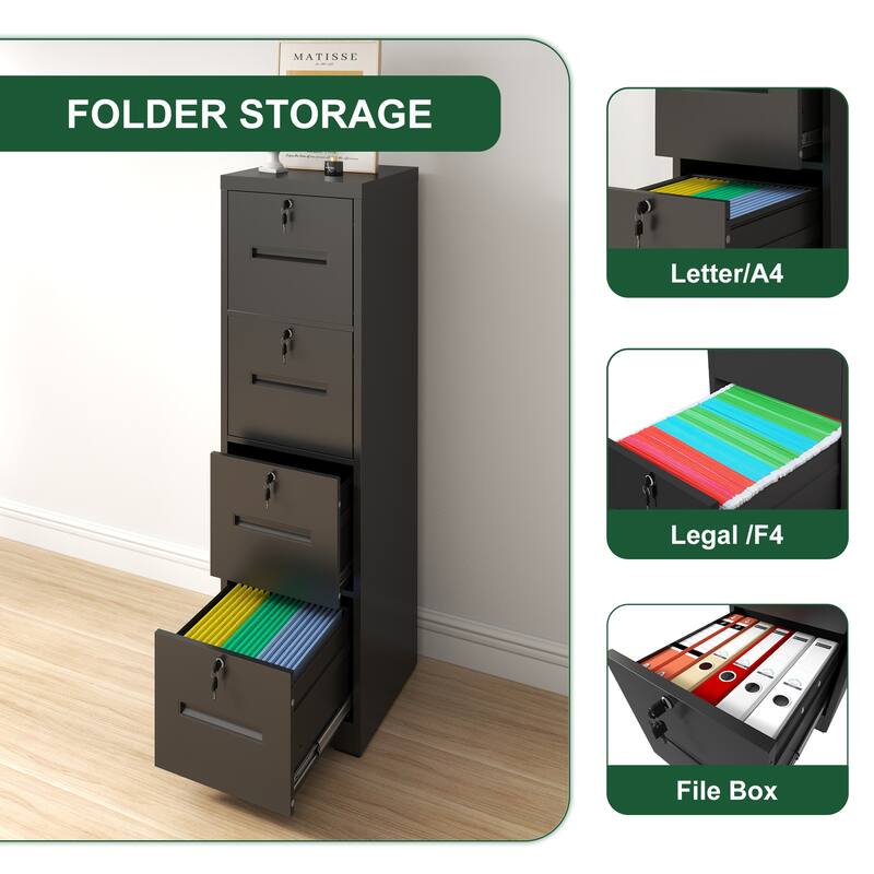 Modern 4-Drawer Vertical Black Filing Cabinet with Locking, Silent Slides and Adjustable Hanging Rod, for Home Office
